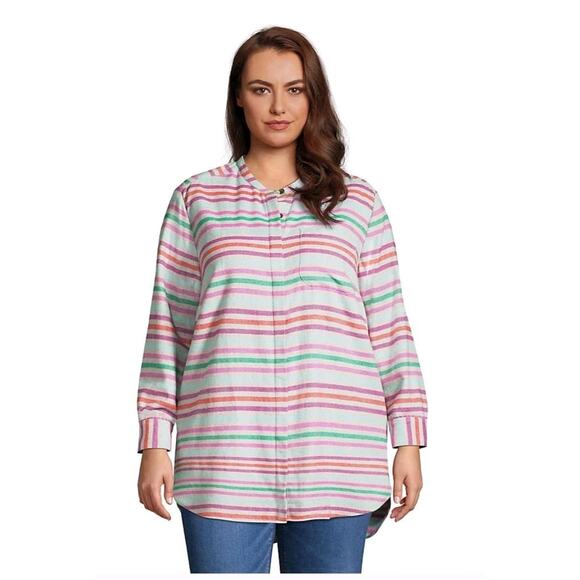 LANDS' END Plus Size 1X Flannel A-line Striped Long Sleeve Tunic Top Very Soft - Picture 1 of 10